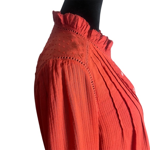 Faherty Willa Blouse Orangey - Red Pintuck Organic Cotton Ruffle L/S Top Size S - Picture 5 of 11